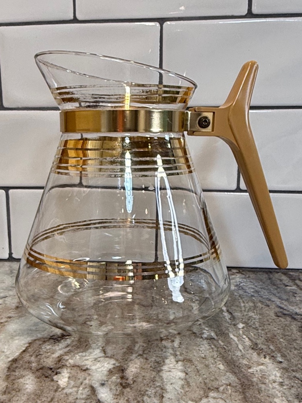 ☕ Vintage Inland Glass Coffee Carafe Gold Bands MCM 9” Mid Century No Lid  ✨